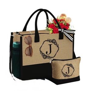 Initial Jute Tote Bag with Makeup Bag (no shoulder strap) EUC